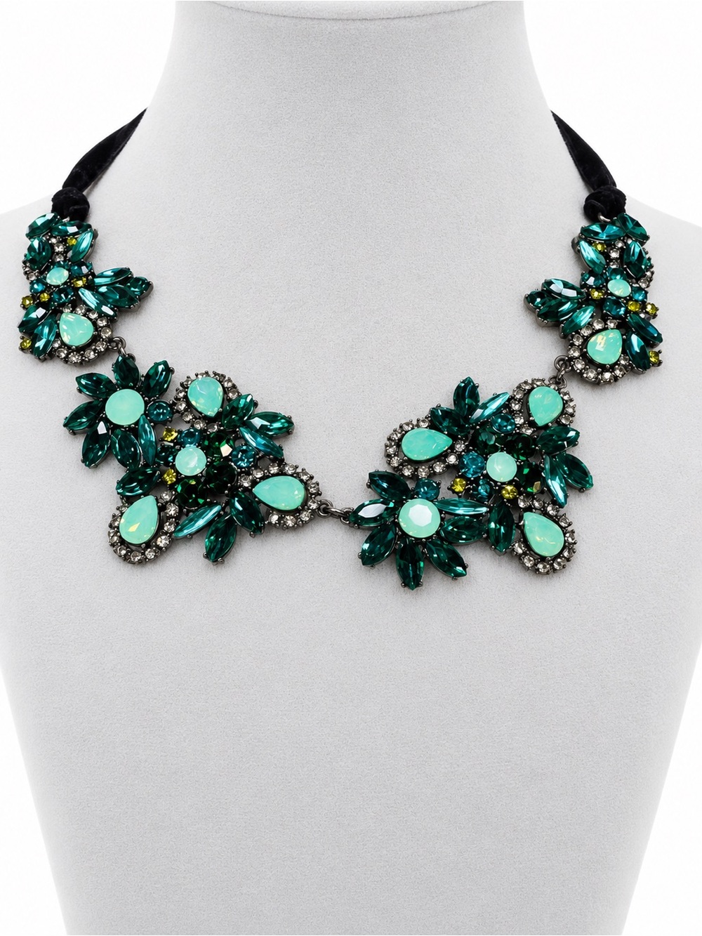 Teal Green Yellow Crystal Rhinestone Statement Necklace Black Velvet Ribbon Tie